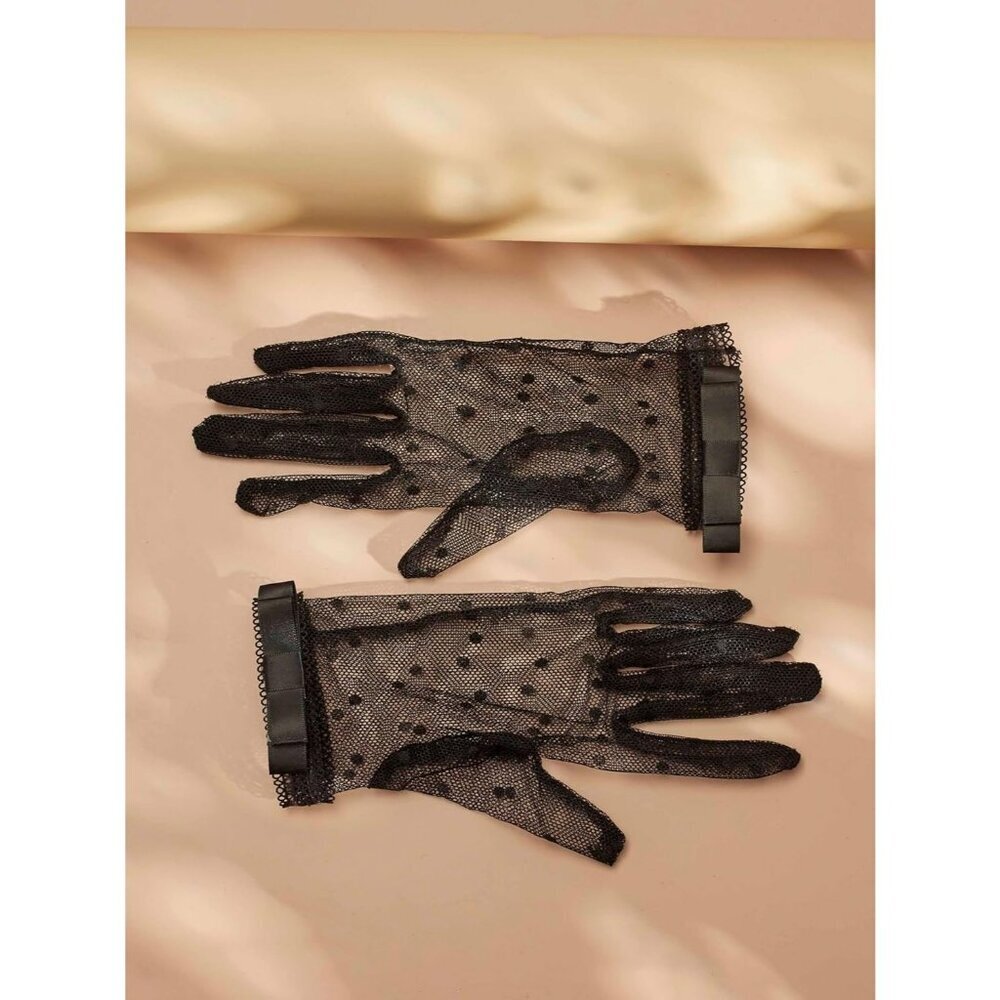Women's Black Mesh Bow Lace Gloves Gothic Lolita Vintage Costume Accessories - Picture 6 of 6